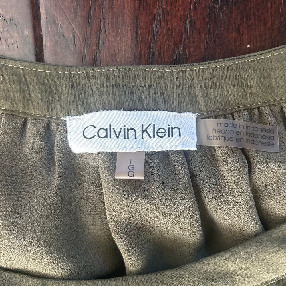 Calvin Klein Olive Green balloon sleeve blouse Women size L flowy office Career - Picture 3 of 7